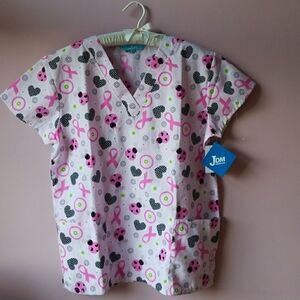 SCRUB Top Nurse Uniform Medical School Scrubs Dental Attire Pink Cancer Ribbons